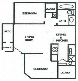 Floor plan for 2 beds, 1 bath, 832 sqft
